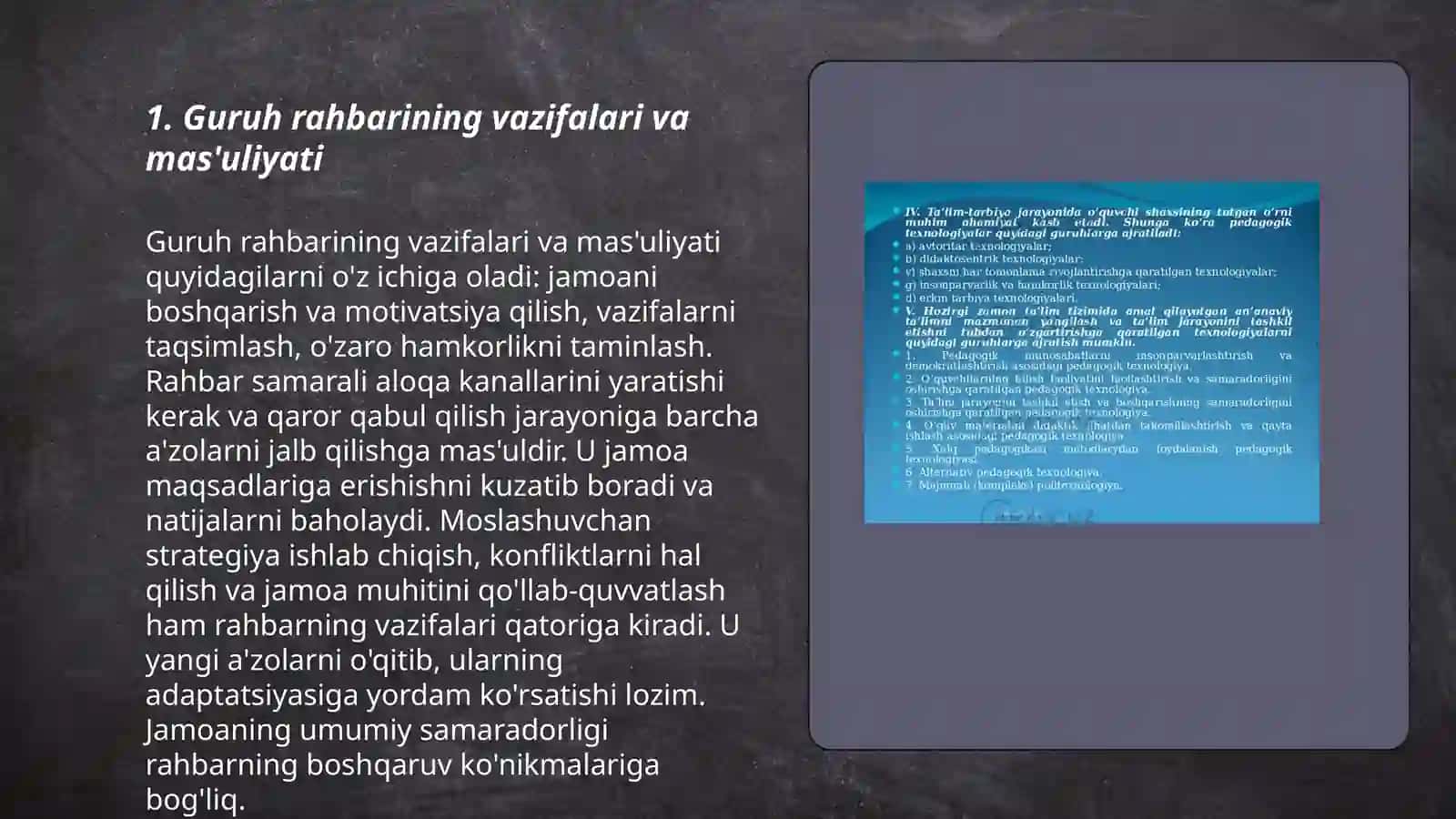 Guruh rahbarining faoliyatida jamoani shakllantirish metodikasi 3