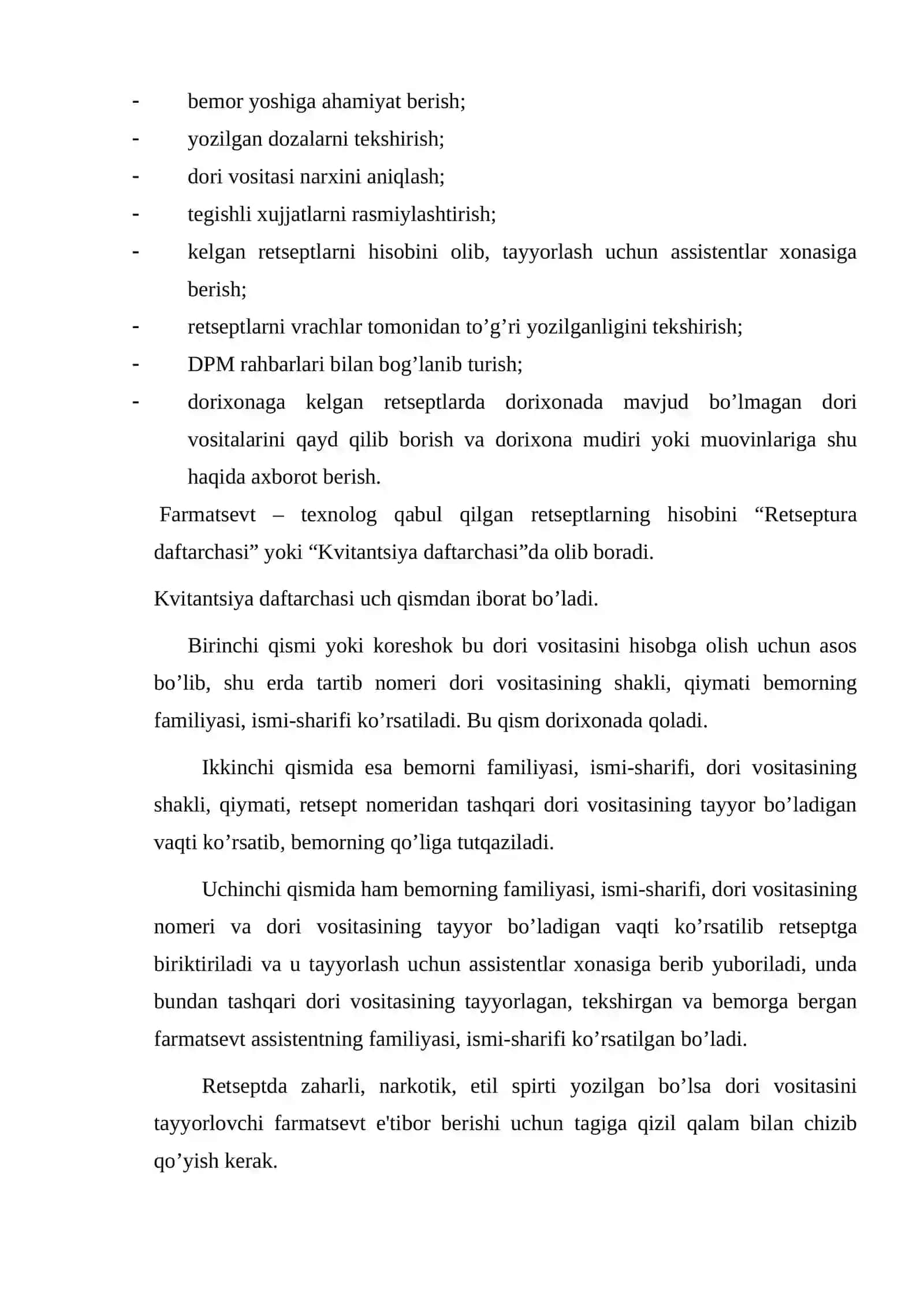 Dorixona reseptura ishlab chiqarish bo`limining asosiy vazifalari 3