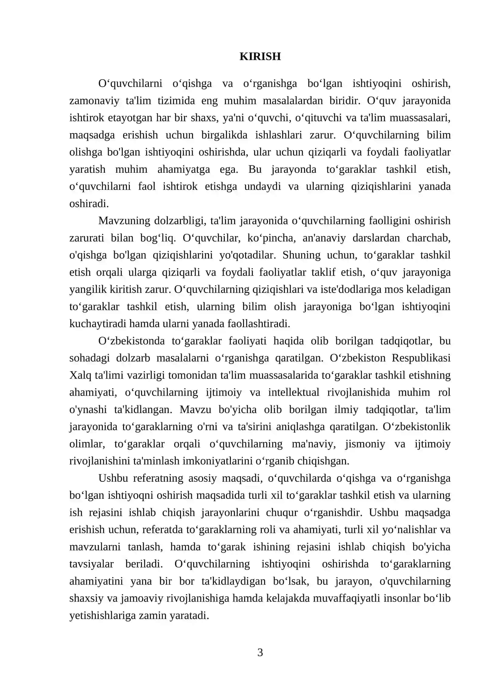 Oʻquvchilarni oʻqishga va oʻrganishga boʻlgan ishtiyoqini oshirish uchun turli xil toʻgaraklar tuzishni hamda toʻgarak ishining rejasini ishlab chiqish 3