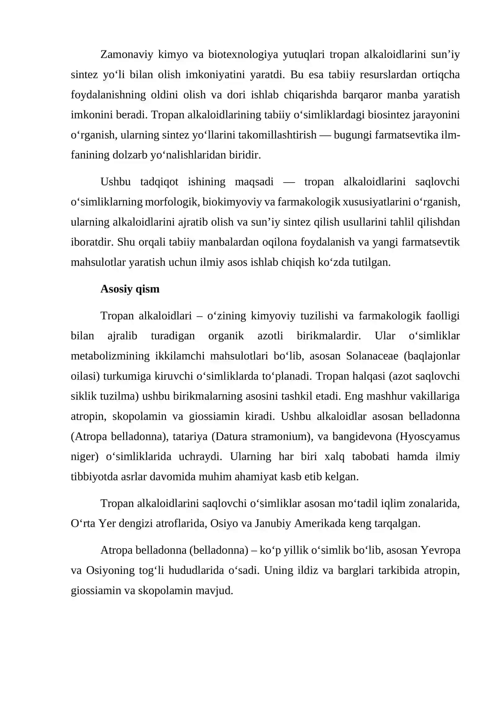 Tropan alkaloidi saqlovchi o'simliklar oʻrganish va ularni sintezi 3