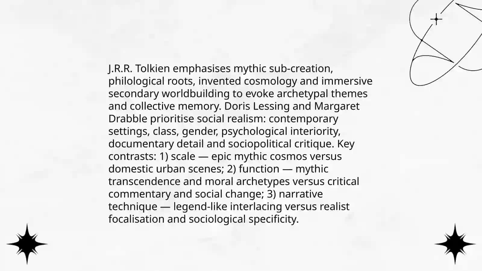 Myth and worldbuilding in J.R.R. Tolkien versus social realism in Doris Lessing and Margaret Drabble 3
