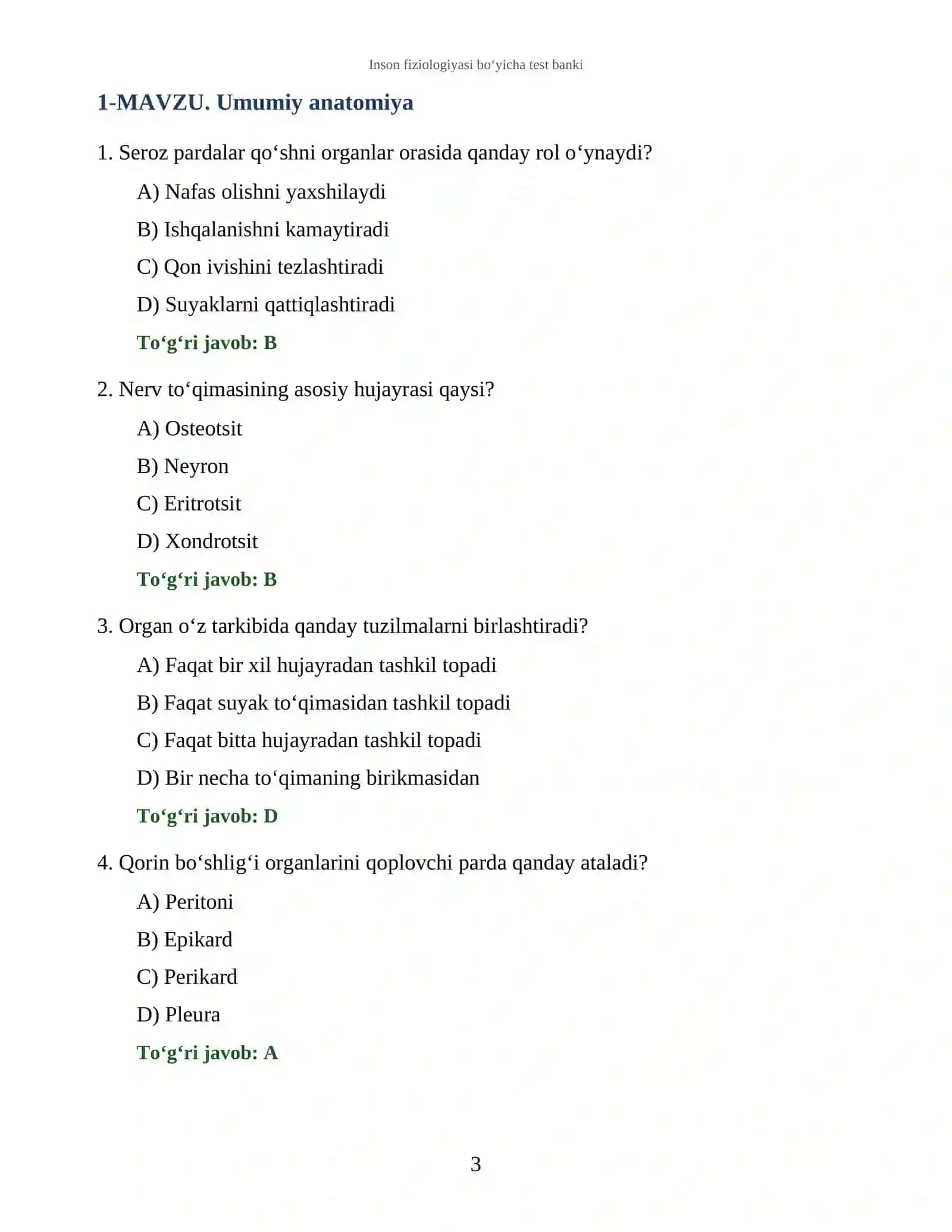 Inson fiziologiyasi bo‘yicha test banki 3