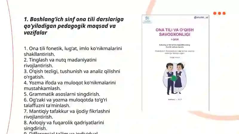 Boshlangʻich sinf ona tili va oʻqitish savotxonligi darslariga qoyiladigan talablar va uning turlari oʻquv dars vaqtida qoʻllaniladigan metodlar 3