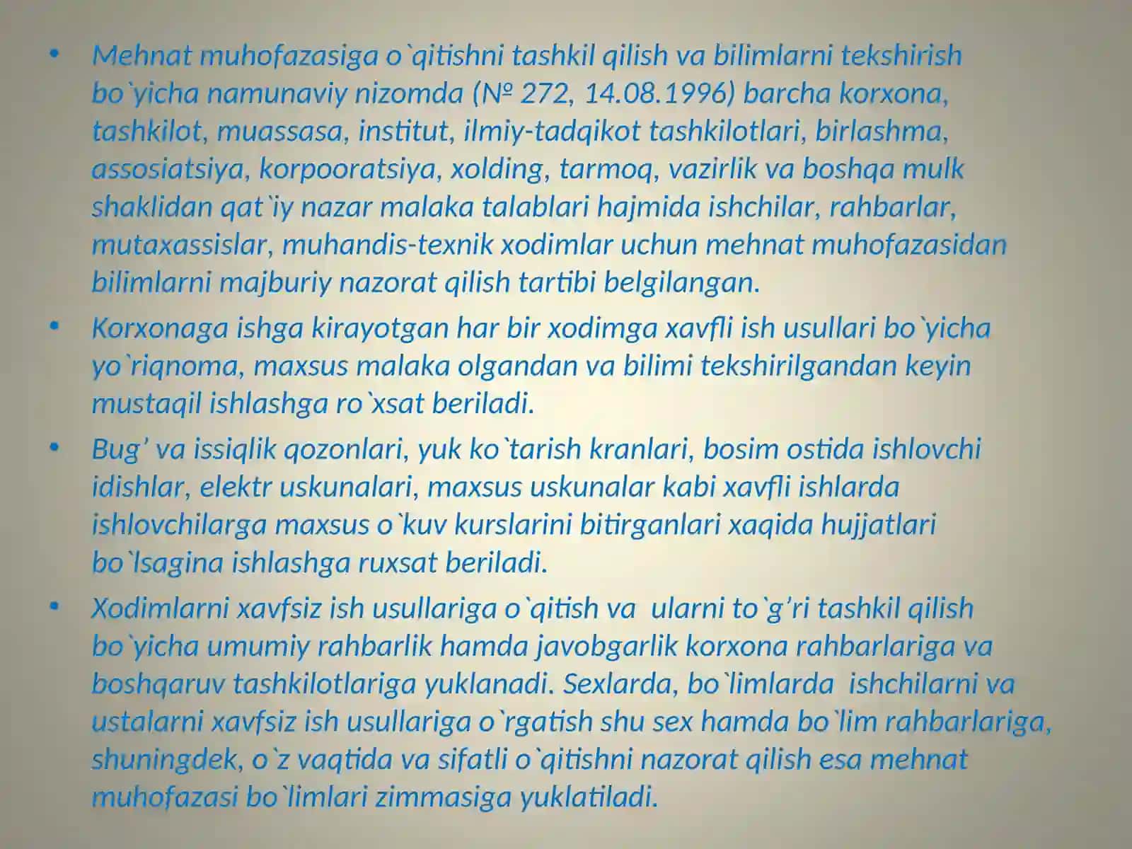 Mehnat muhofazasiga o`qitishni tashkil qilish va bilimlarni tekshirish bo`yicha namunaviy nizom 3