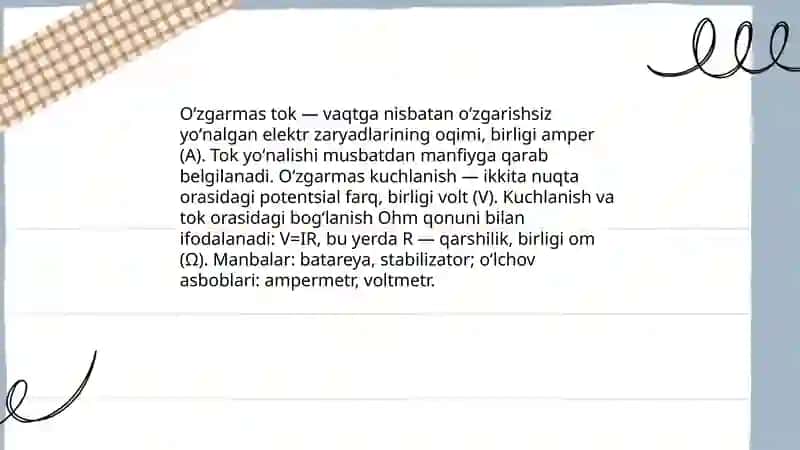 Oʻzgarmas tok zanjirlarida elektr toki va kuchlanish 3