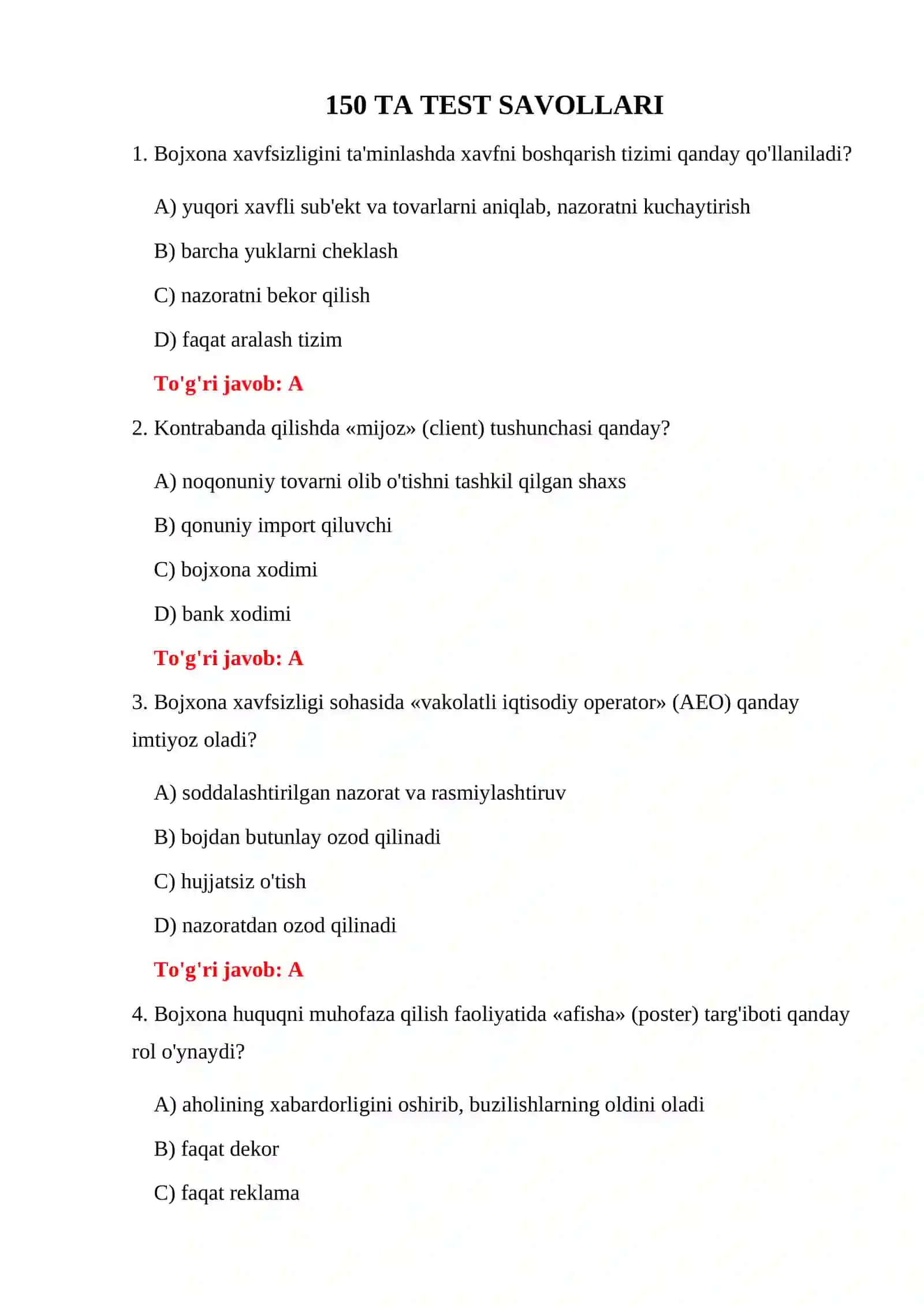 BOJXONA HUQUQBUZARLIKLARI NAZORAT TESTLARI 3