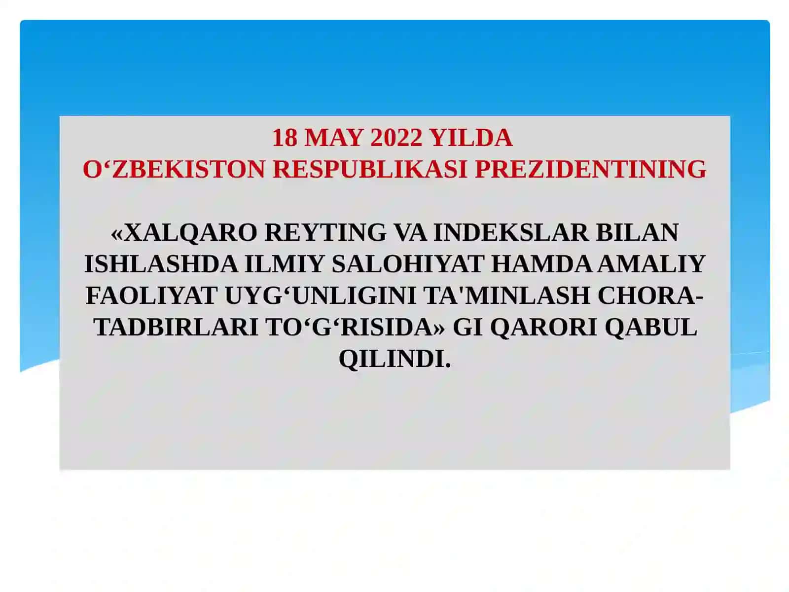 Yangi O‘zbekiston ijtimoiy-siyosiy, iqtisodiy va madaniy hayotida roʻy berayotgan oʻzgarishlarning xalqaro reyting va indekslardagi o’rni 3