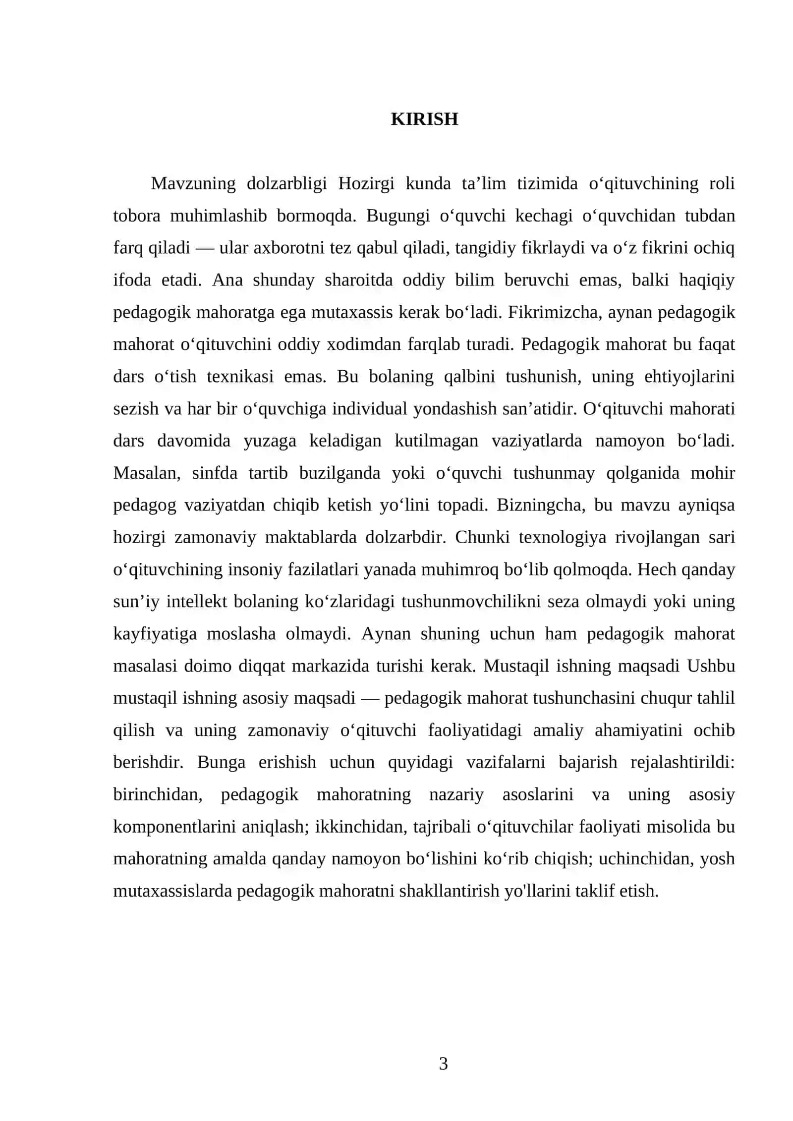Pedagogik mahorat haqida tushuncha, uning o’qituvchi faoliyatida tutgan o’rni va ahamiyati 3