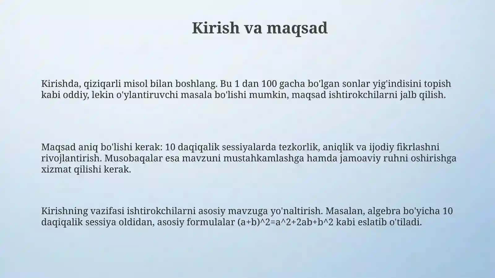 matematik to'garakda o'n minutliklar, konkurs va bellashuvlar o'tkazish metodikasi 3