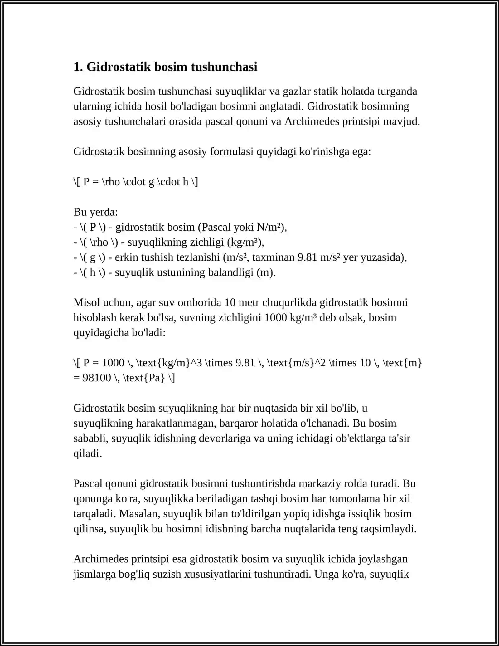 TEKIS DEVORGA TA'SIR ETUVCHI GIDROSTATIK BOSIM KUCHINI ANIQLASH.GIDROSTATIK BOSIM KUCHINI ANIQLASHNING ANALITIK VA GRAFOANALITIK USULLARI.GIDROSTATIK PARADOKS 3