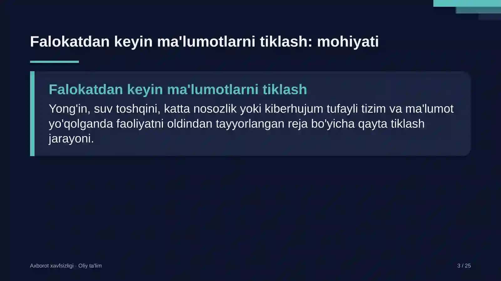 Loyiha institutlarida falokatdan keyin ma'lumotlarni tiklash 3