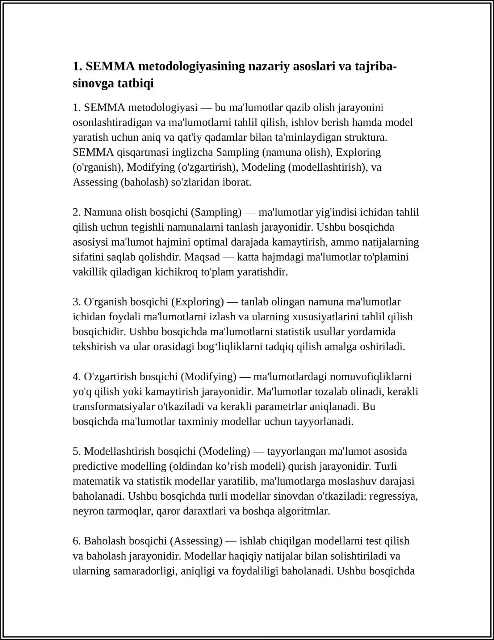 SEMMA METODOLOGIYASI BO'YICHA TAJRIBA-SINOV ISHLARINI AMALGA OSHIRISH 3
