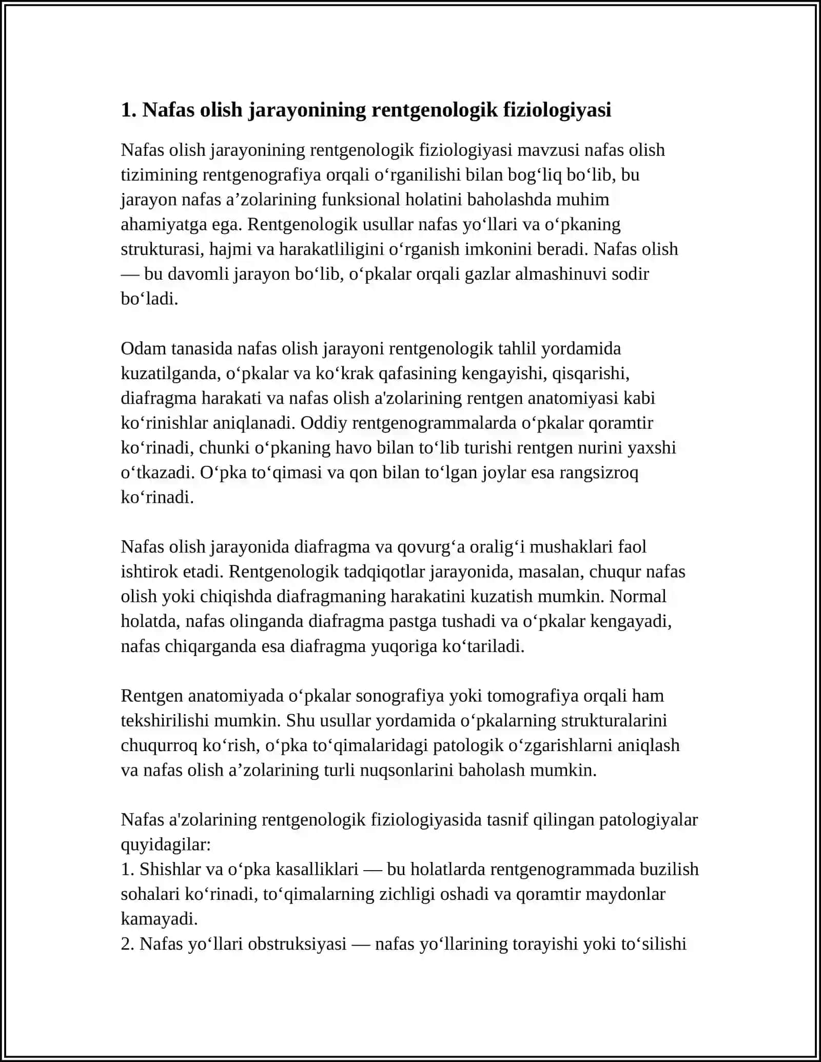 NAFAS OLISH JARAYONI. NAFAS A'ZOLARINING RENTGEN ANATOMIYASI VA RIVOJLANISH NUQSONLARI 3