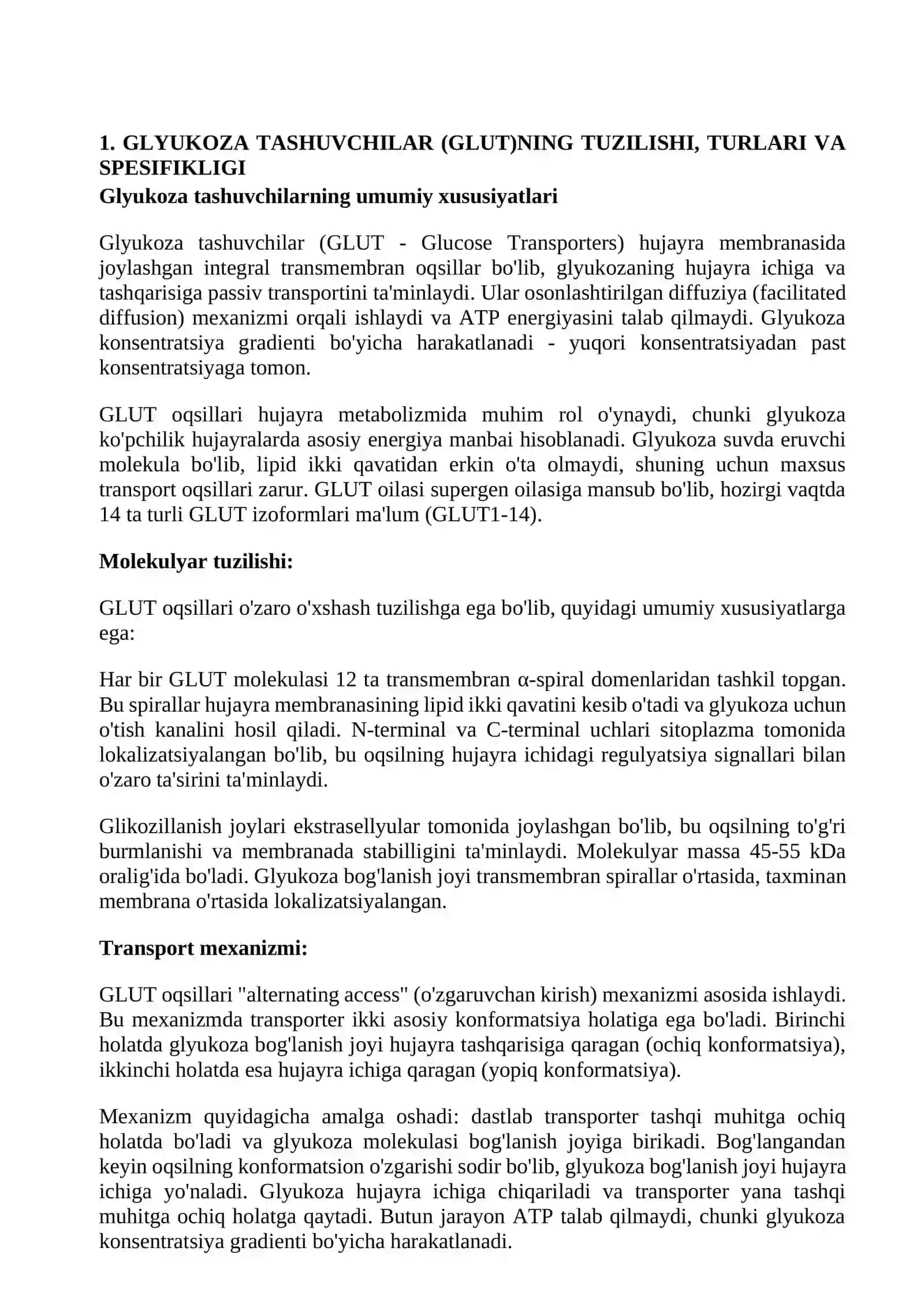 Glyukoza tashuvchilarning tuzilishi, spesifikligi va klinik ahamiyati. Glikogen kasalliklari. Uglevodlar almashinuvi boshqarilishining buzilishlari. mustaqil ish 3