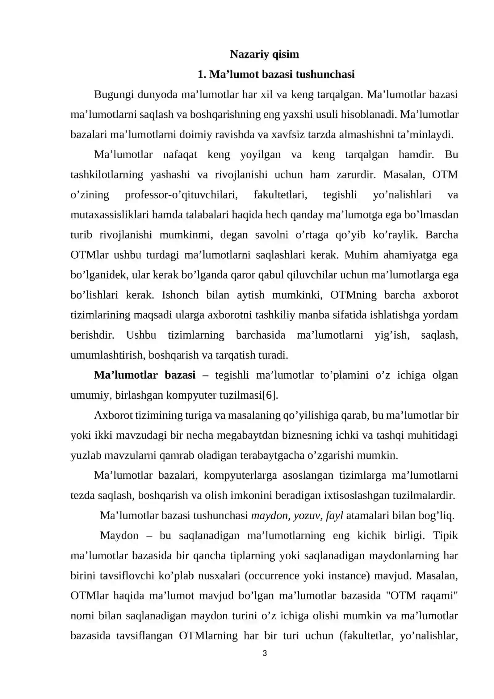 MA'LUMOTLAR BAZASI TEXNOLOGOYALARI FANIDAN 3
