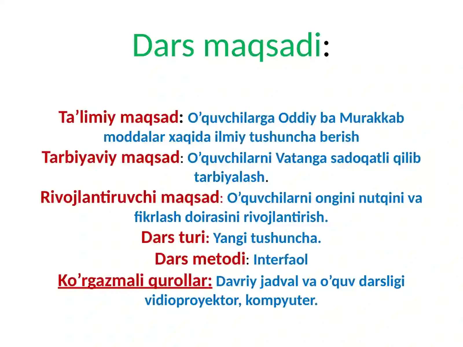 Oddiy va murakkab moddalar. 7-sinf Kimyo fanidan dars ishlanma 3