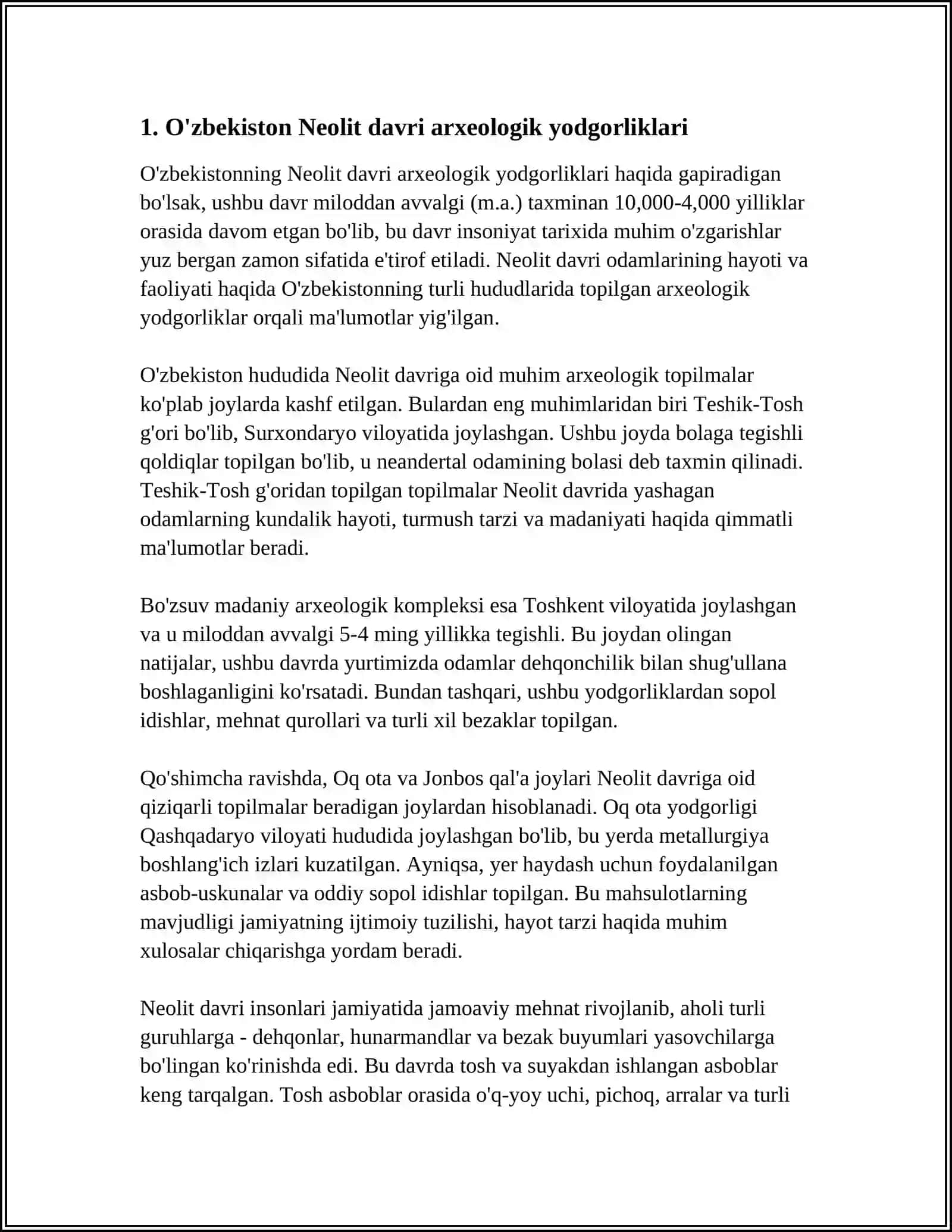 OʻZBEKISTON NEOLIT BIRONZA VA TEMIR DAVRIDA 3