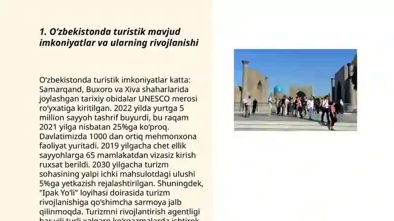 O‘zbekistonda Turizmning Qo‘shimcha Xizmatlarini Rivojlanishi 3