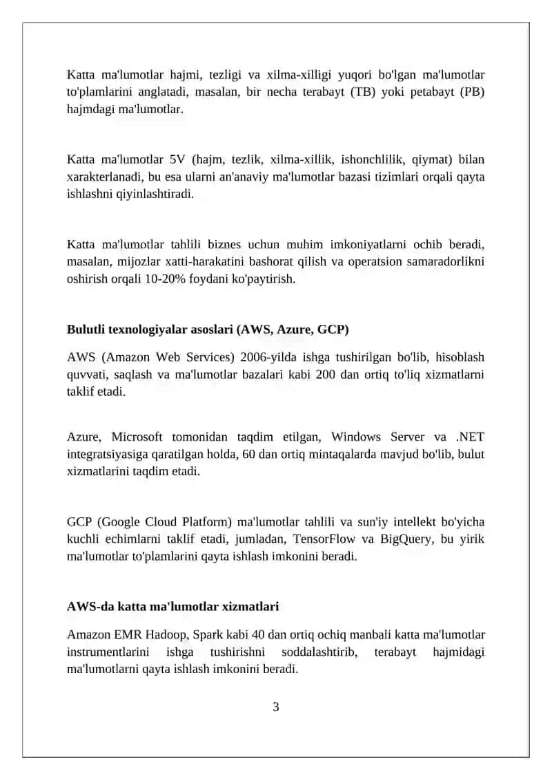 Bulut texnologiyalarida katta ma’lumotlar (AWS, Azure, GCP) 3