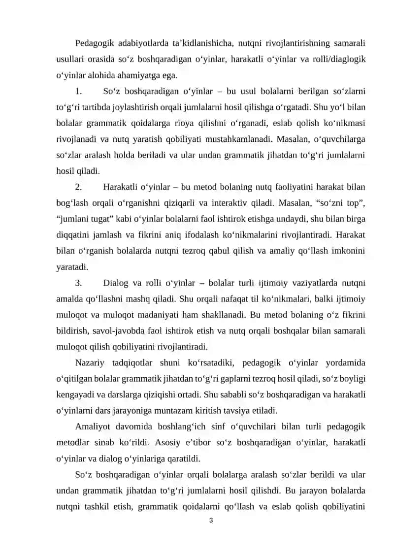 BOSHLANGʻICH TAʼLIMDA GAP BOʻLAKLARINI OʻQILISHI VA METODLARNING QOʻLLANILISHI ULARNING SOʻZ BOSHQARADIGAN OʻYINLAR, HARAKATLI OʻYINLARNI OʻYNASH TARTIBINI AMALIYOT DAVRIDA TAJRIBADA SINAB KOʻRISH , METODIK .docx 3