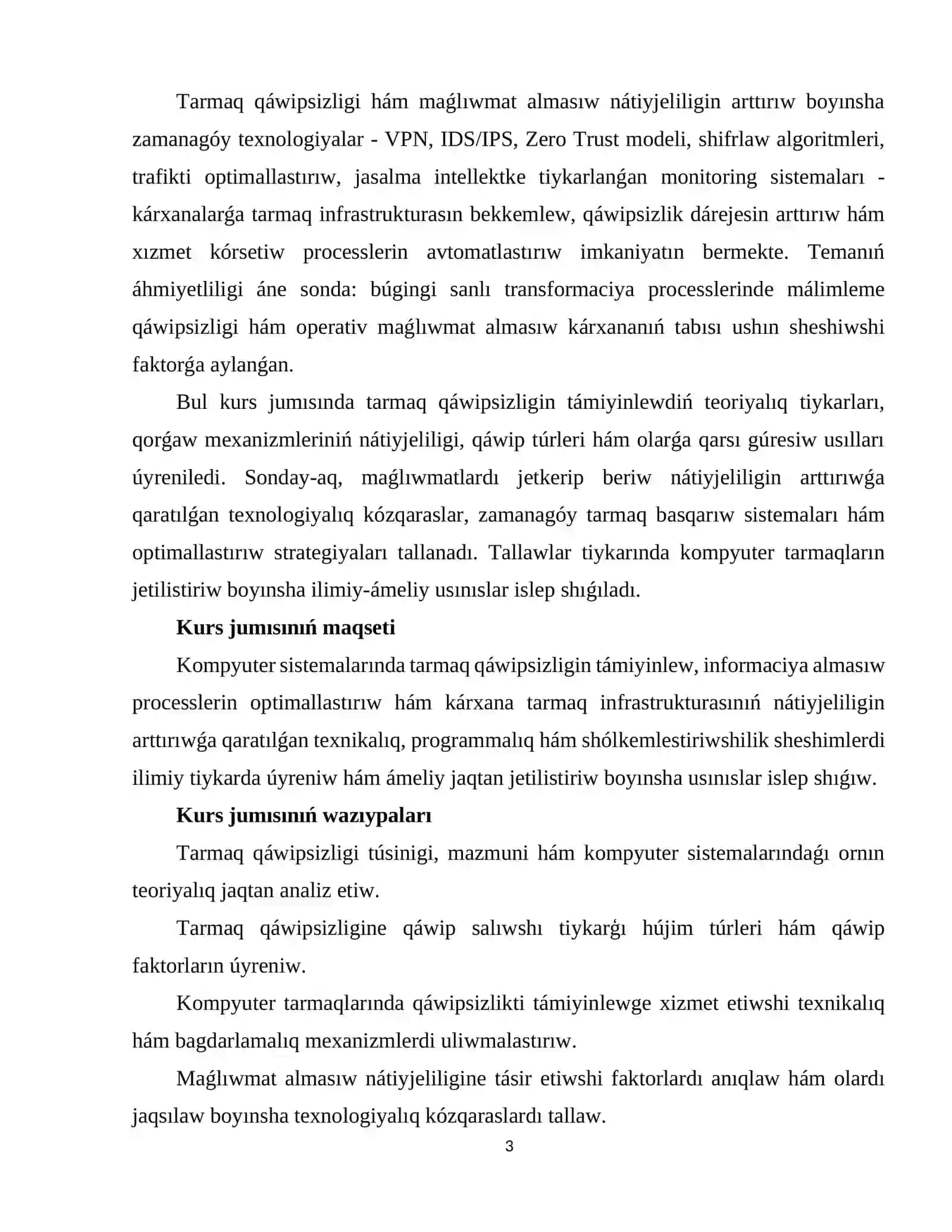 Kompyuter sistemalarında tarmaq qáwipsizligin támiyinlew hám maǵlıwmat almasıw nátiyjeliligin arttırıw 3