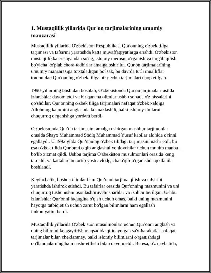 MUSTAGILLIK YILLARIDA QUR'ONNING O'ZBEK TILIGA TARJIMA QILINISHI VA TAFSIRLARI HAGIDA TAQDIMOT TAYYORLASH 3