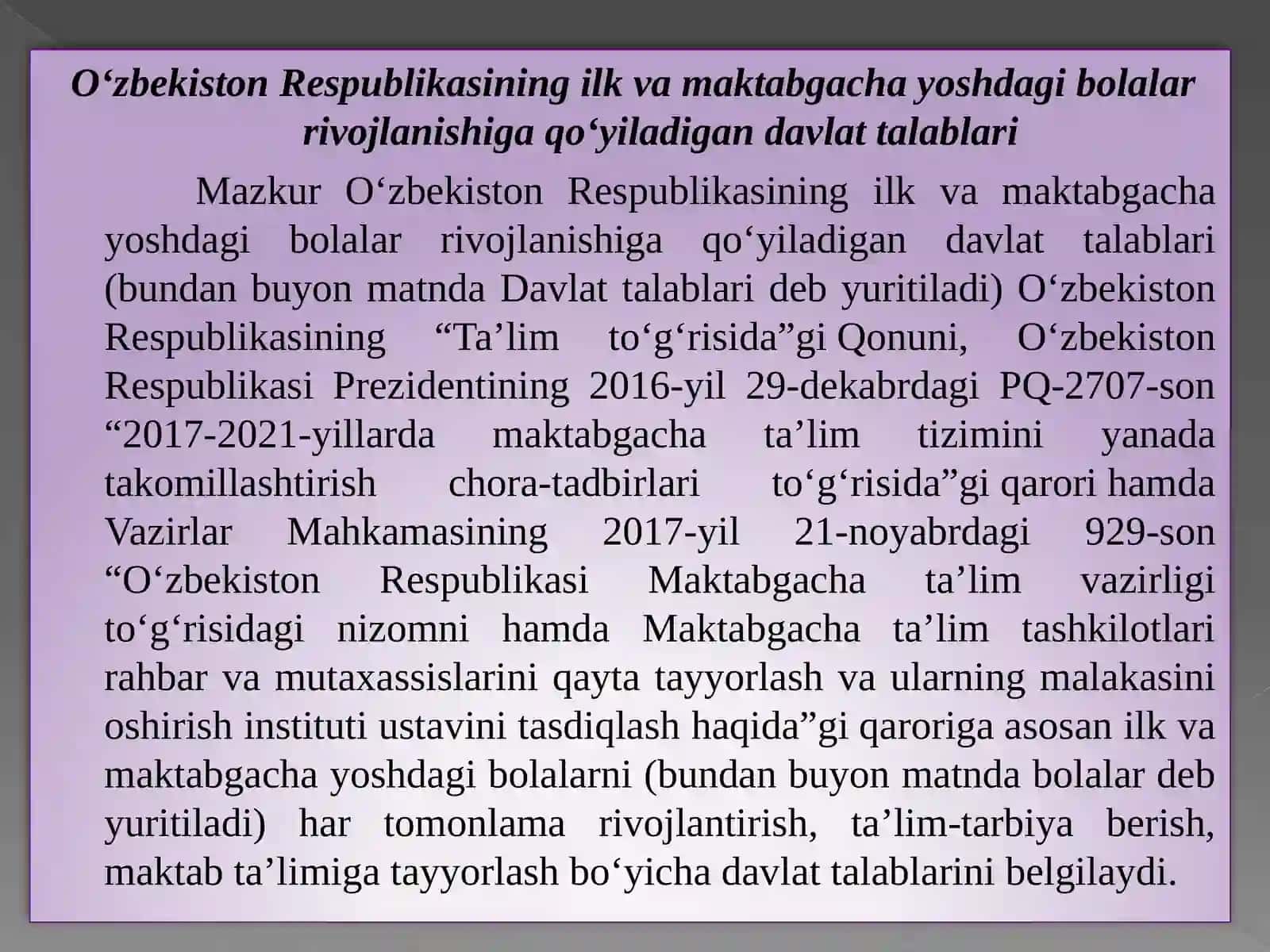 O‘zbekiston Respublikasining ilk va maktabgacha yoshdagi bolalar rivojlanishi uchun davlat talablari 3
