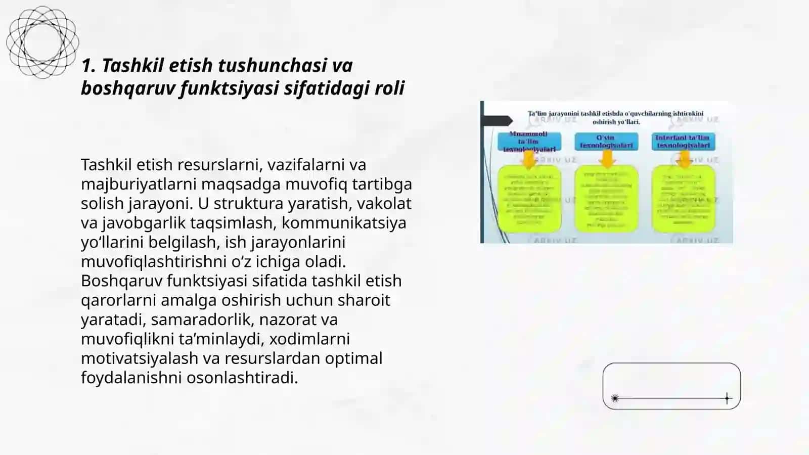 Tashkil etish jarayoni boshqaruv funktsiyasi sifatida va uning xarateristikasi 3