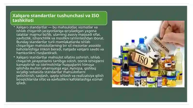 Xalqarostandartlar( ISO, Codex Alimentarius)vaularningqishloqxo'jaligidagiahamiyati 3