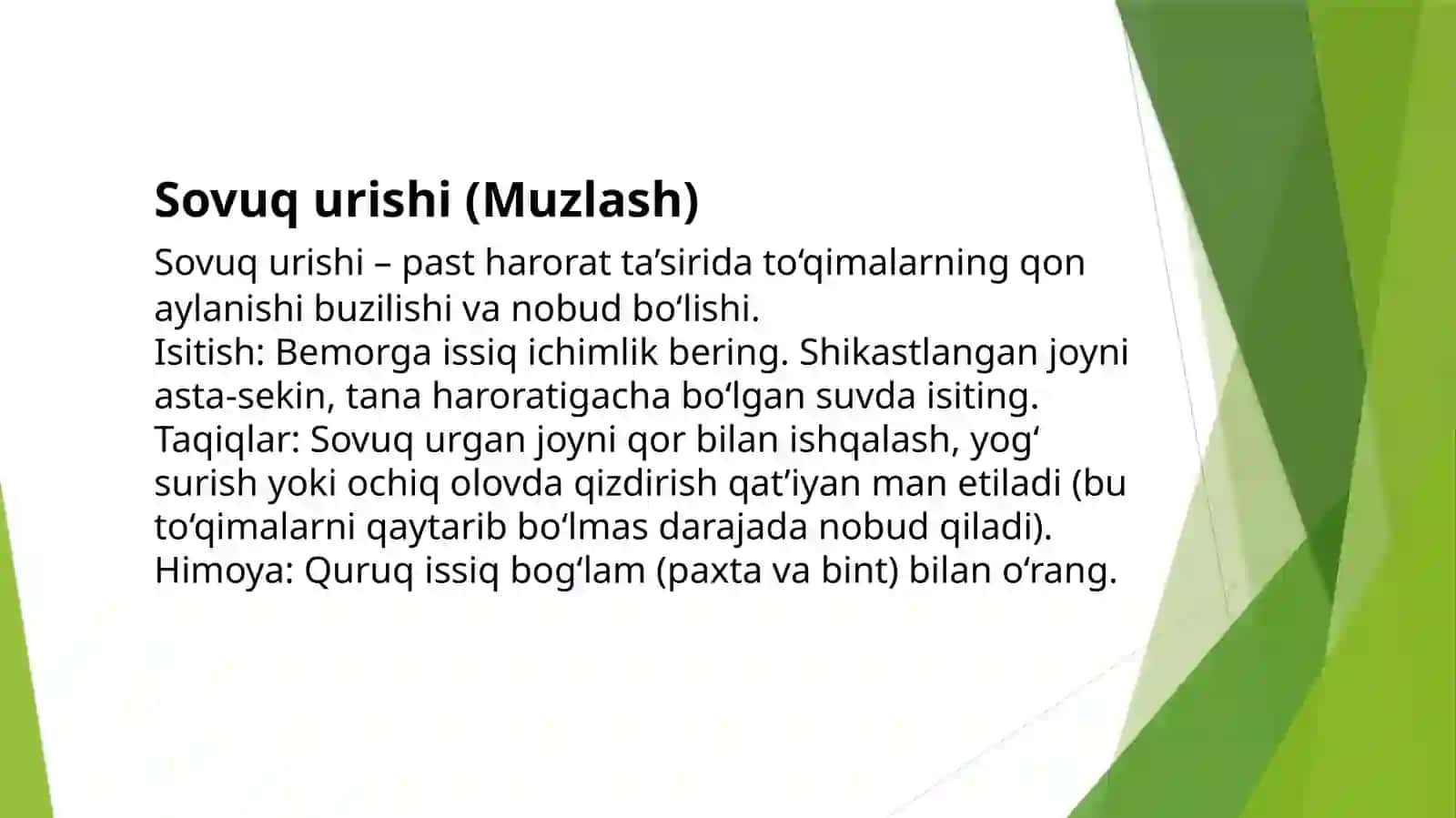 Birinchi Yordam: Kuyish, Sovuq Urishi va Bosh, Ko'krak Qafasi, Qorin Shikastlari | First Aid PPT 3