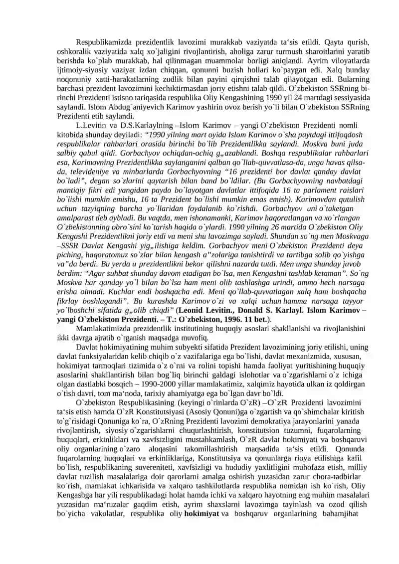 O`ZBEKISTONDA HUQUQIY SIYOSIY ISLOHOTLARNING AMALGA OSHIRILISHI, DEMOKRATIK JAMIYATNI SHAKLLANTIRISH YO`LIDAGI ISLOHOTLAR 3