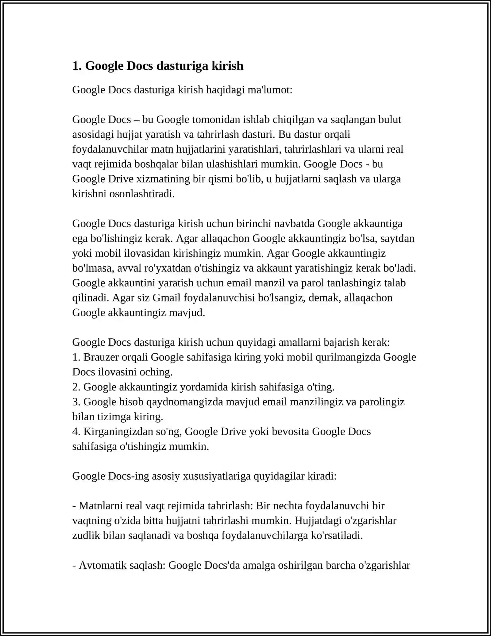 GOOGLE DOCS DASTURI BILAN ISHLASH 3