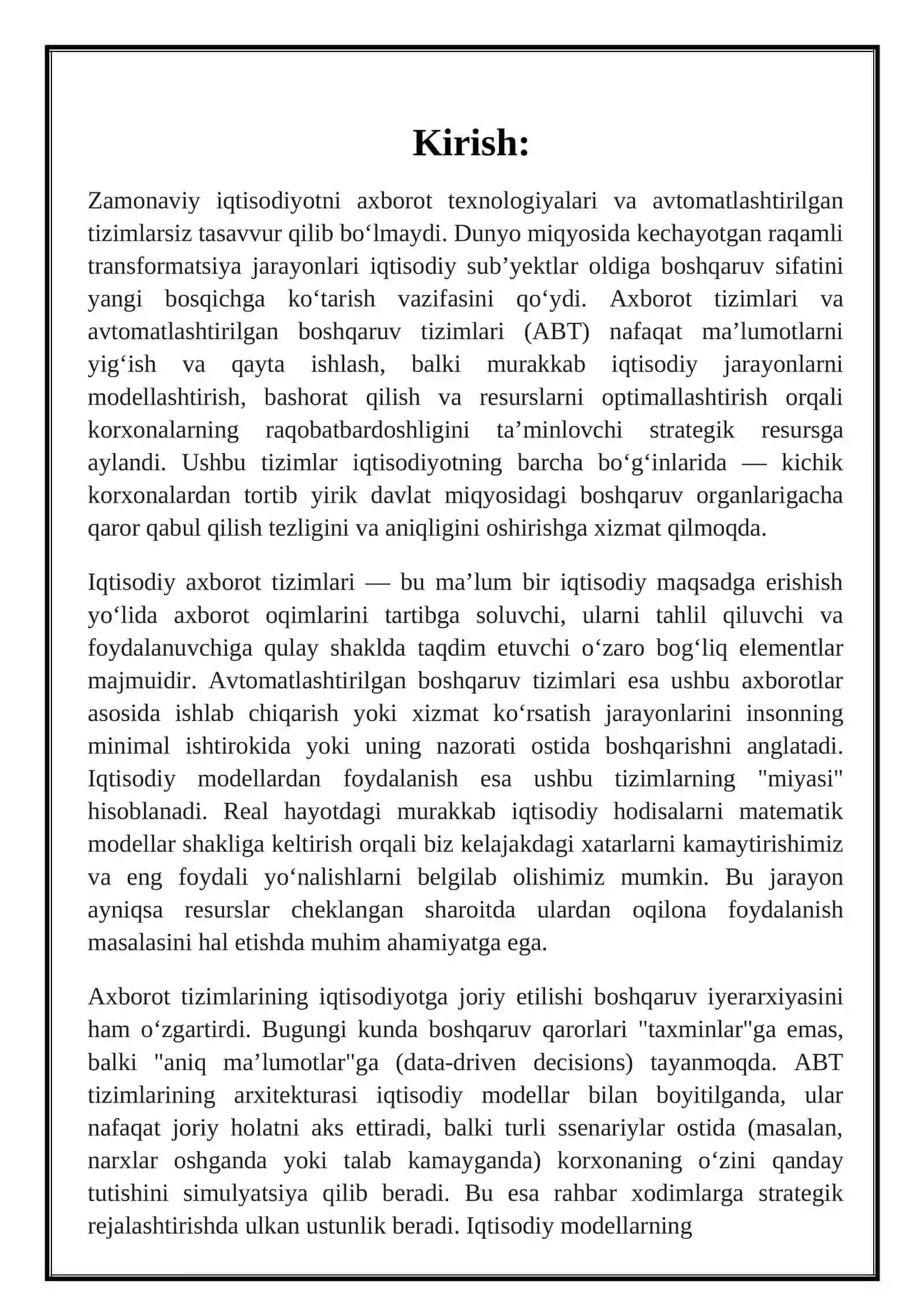 Axborot tizimlari va avtomatlashtirilgan boshqaruv tizimlari (ABT) iqtisodiy modellar 3