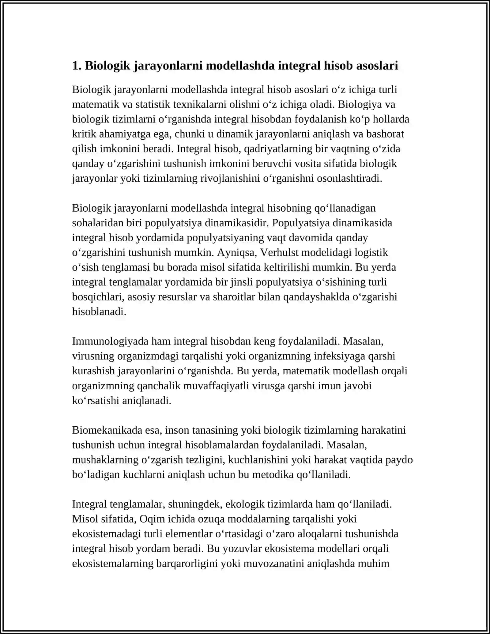 BIOLOGIK JARAYONLARNI MODELLASHTIRISHDA INTEGRAL HISOB TATBIQLARI 3