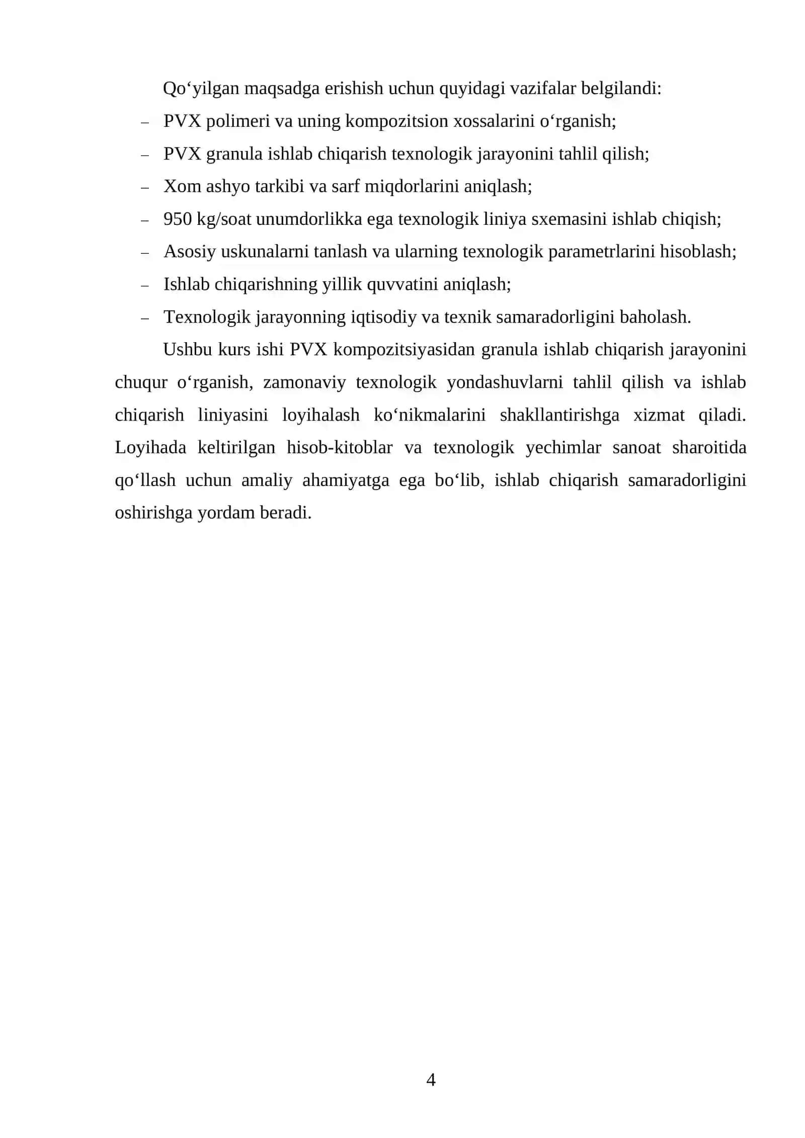 PVX kompozitsiyadan ish unumdorligi 950 kg/soat boʻlgan granula ishlab chiqaradigan ikki shnekli granulyator liniyasini loyihalash 3