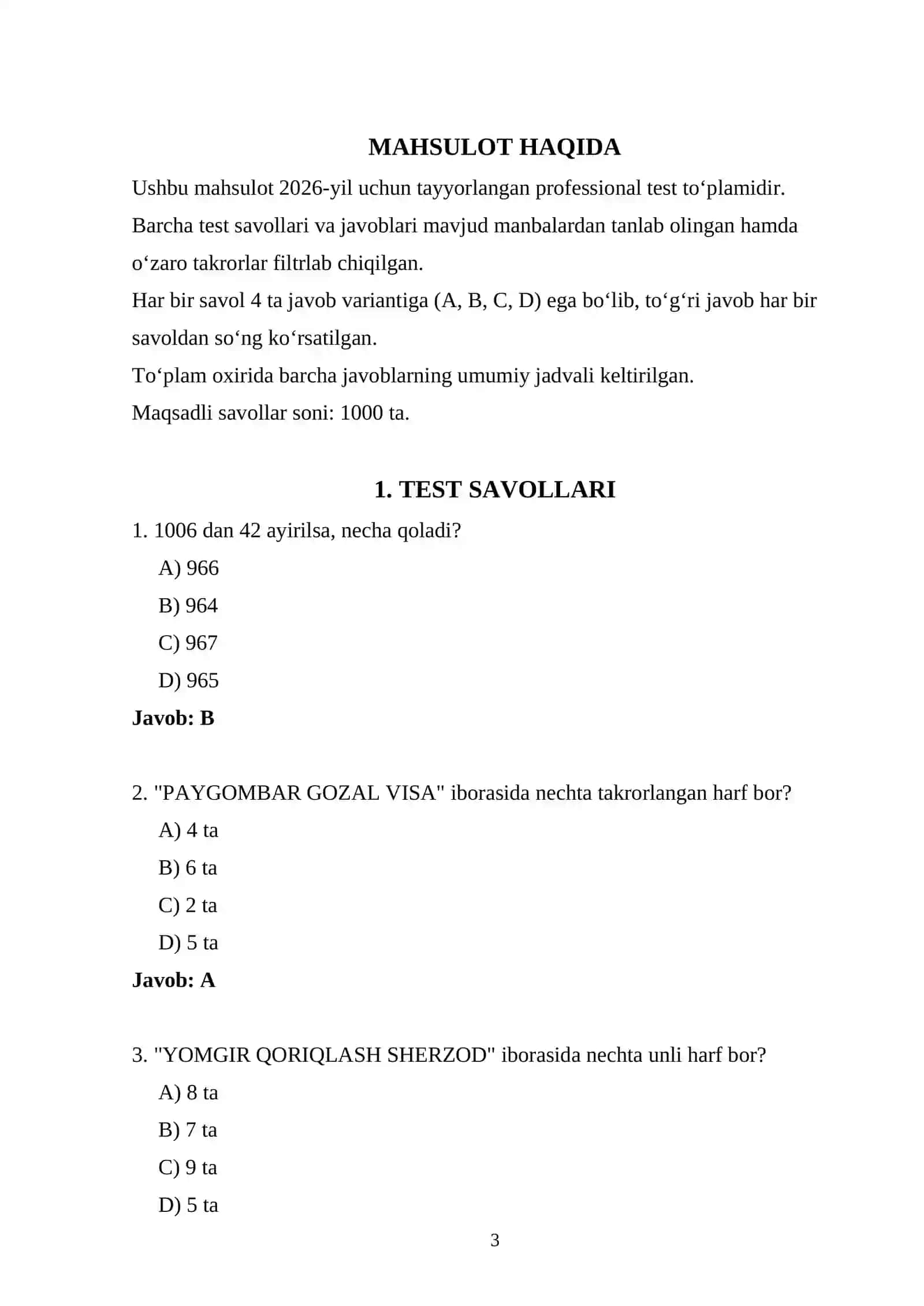Bojxona 2026 — 1000 ta test 3