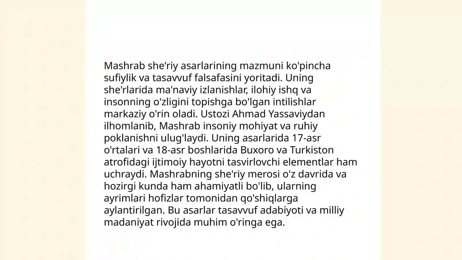 Mashrab, Gulxaniy, Maxmur, Nodira, Uvaysiy, Ogahiy, Muqimiy, Furqat, Zavqiy, Avaz O'tar she'riy asarlari matni ustida ishlash 3