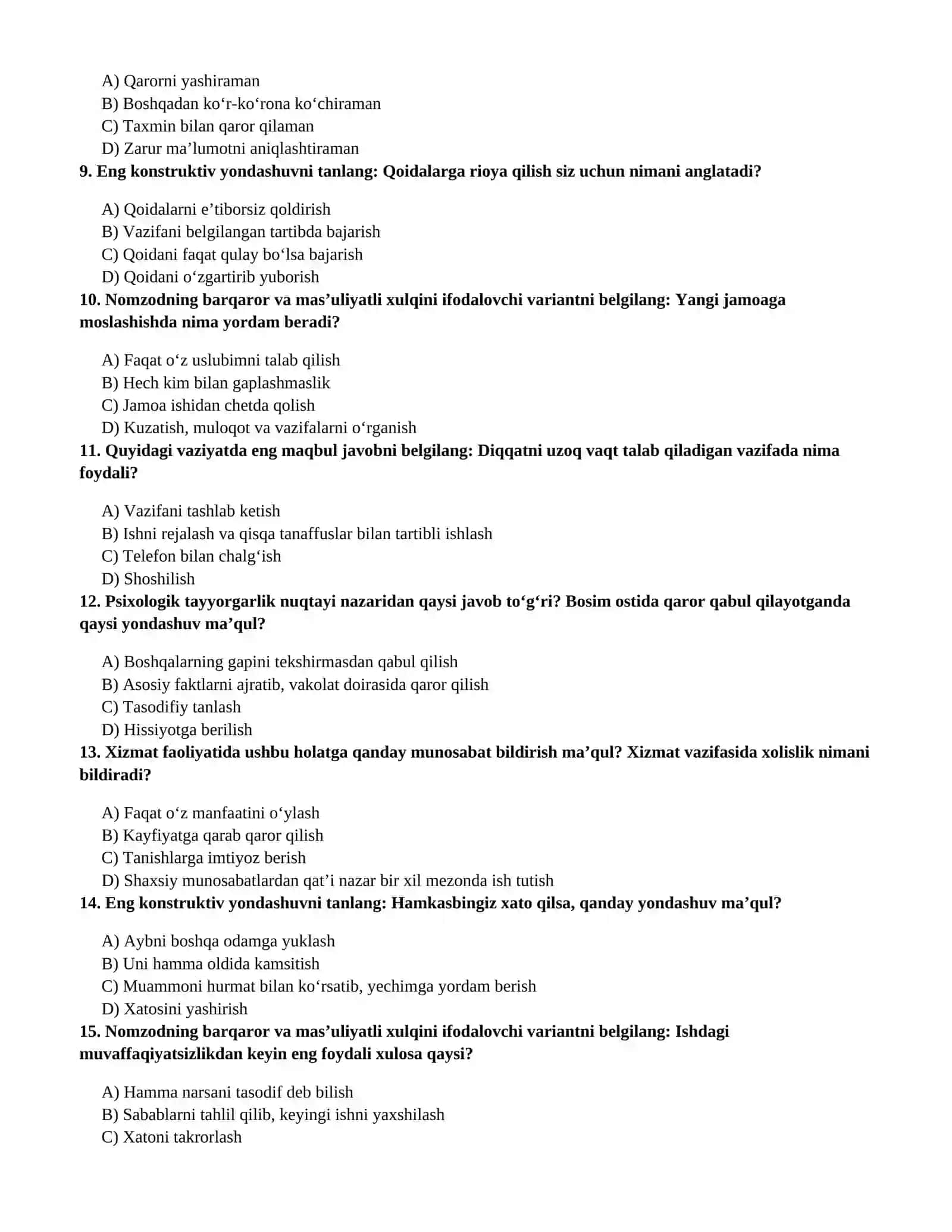 Bojxona sohasiga ishga kirish uchun 250 ta psixologik test savollari va javoblari 3