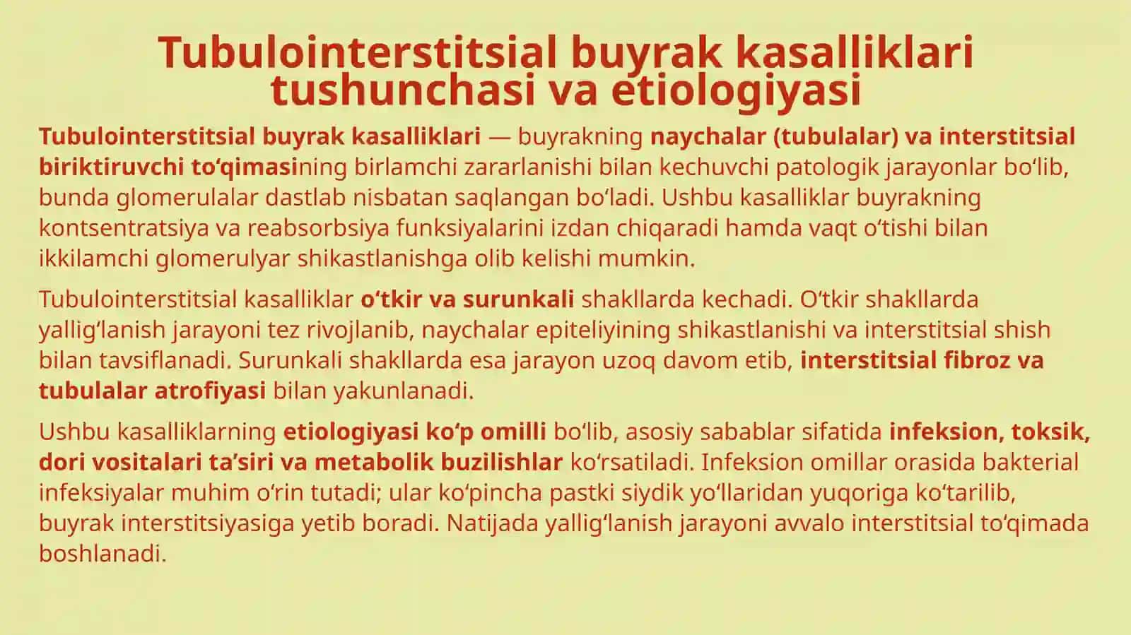 Tubulointerstitsial kasalliklar, buyrak o‘smalar va obstruktiv urinopatiya 3