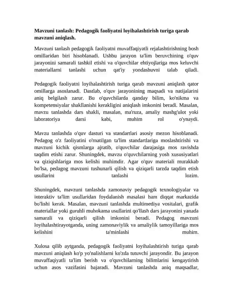 Mavzuni tanlash: Pedagogik faoliyatni loyihalashtirish turiga qarab mavzuni aniqlash. 3