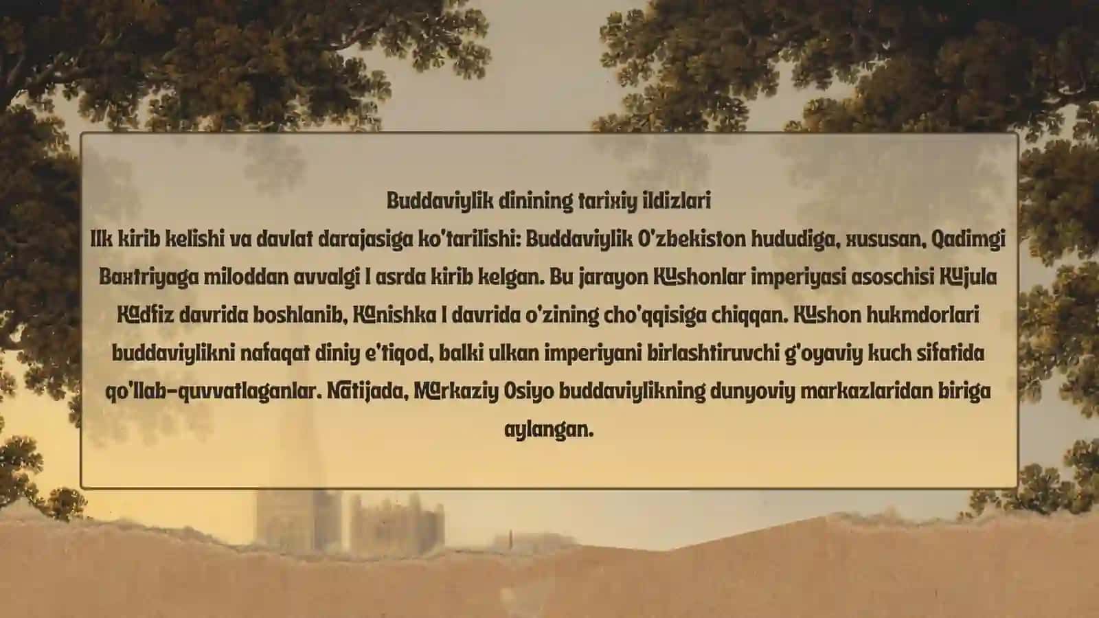 O‘zbekistonda buddaviylik dinining tarixiy ildizlari (Qaratepa, Fayoztepa, Dalvarzintepa) va hozirgi zamon 3