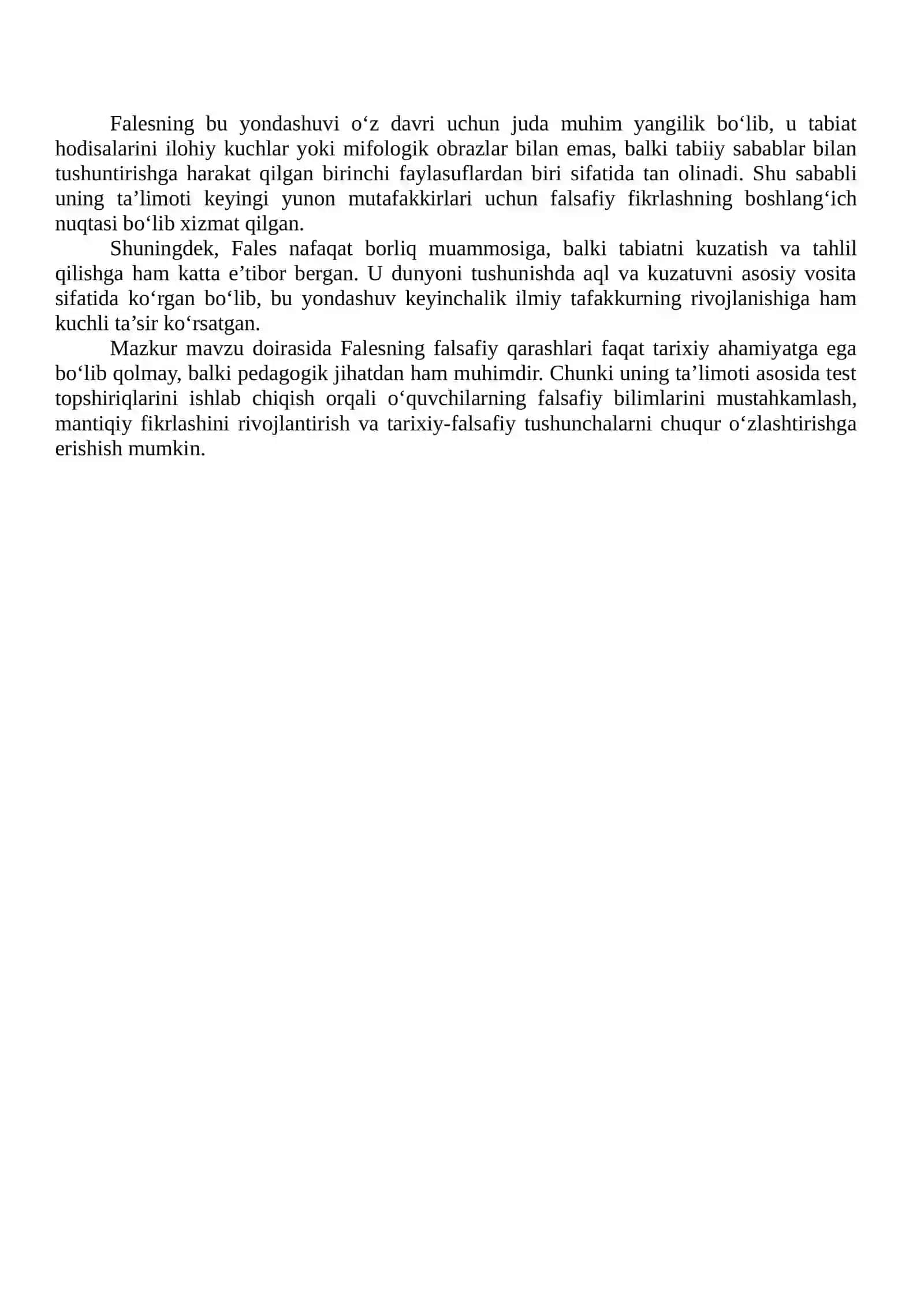 Fales falsafiy ta’limotiga oid test topshiriqlarini tayyorlash 3