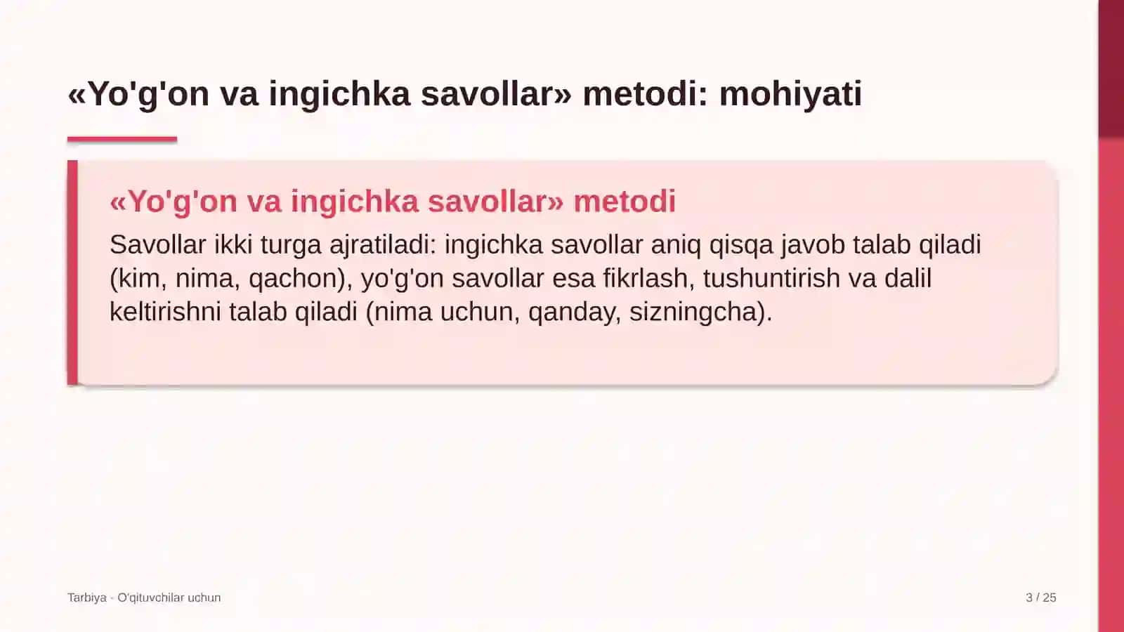 tarbiya darslarida yo'g'on va ingichka savollar metodidan foydalanish 3020 3
