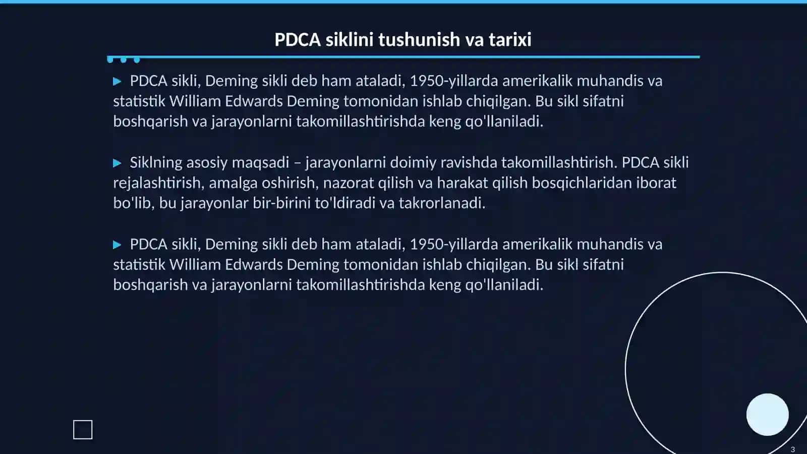 PDCA (Plan-Do-Check-Act) sikli va uning boshqaruvdagi ilmiy roli 3