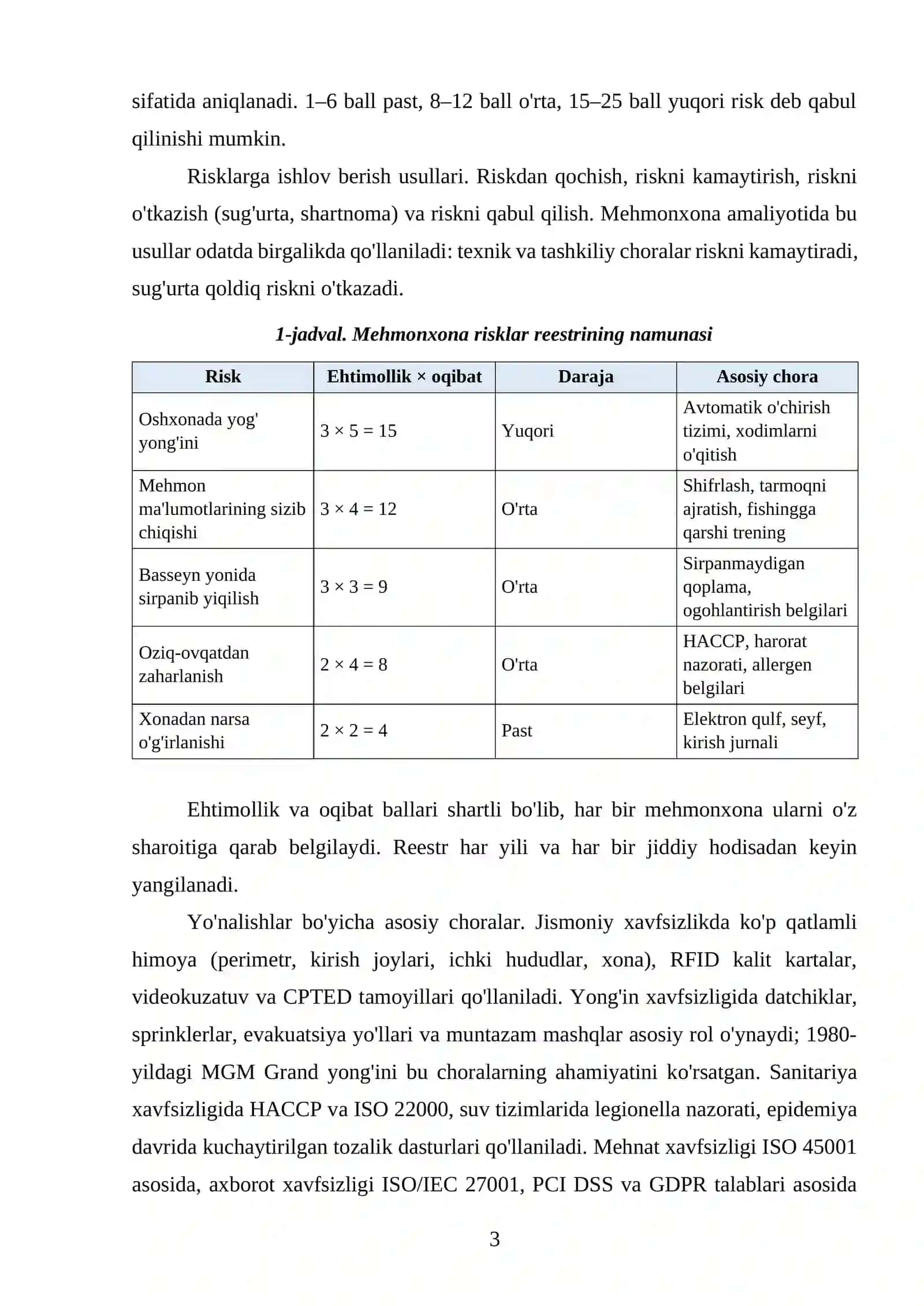 Mehmonxonalarda risklarni boshqarishning integratsiyalashgan modeli: ISO 31000 tamoyillari asosida 3