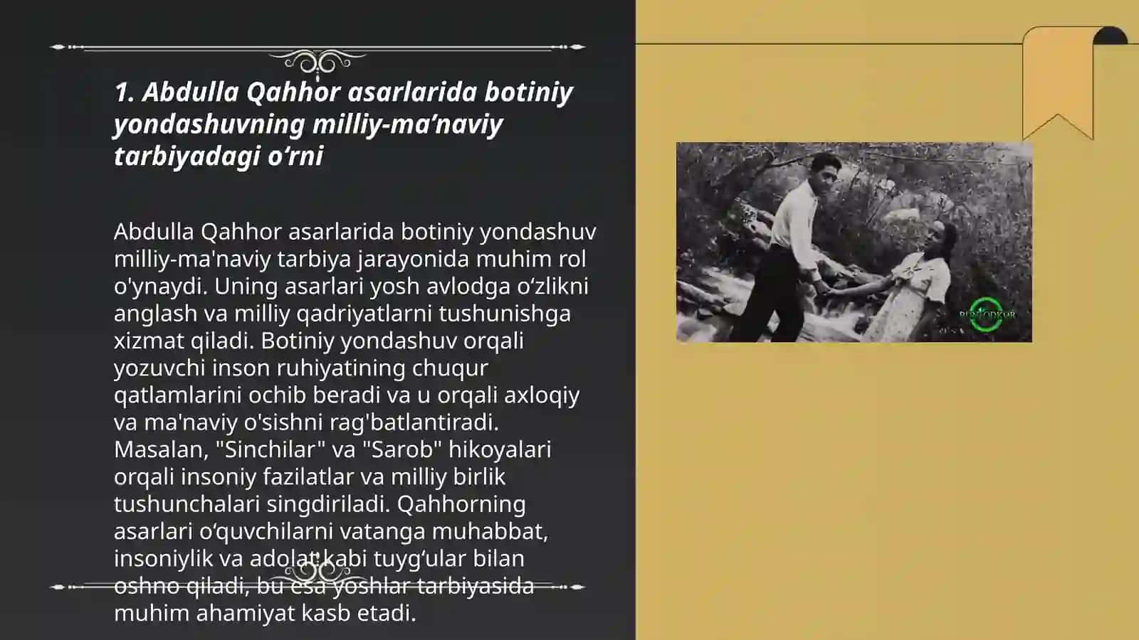 Abdulla Qahhor, G‘afur G‘ulom, Said Ahmad asarlarida milliy-ma’naviy tarbiyaga botiniy yondashuv. Hamid Olimjon, Zulfiya, Oybek, Pirimqul Qodirov, Odil Yoqubov asarlarining yosh avlod ma’naviy qiyofasini shakllanishidagi o‘rni 3
