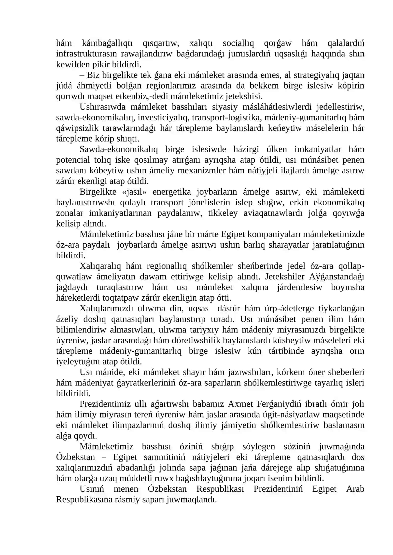 ÓZBEKSTAN-EGIPET BIRGE ISLESIWINDE JAŃA DÁWIR BASLANBAQTA 3