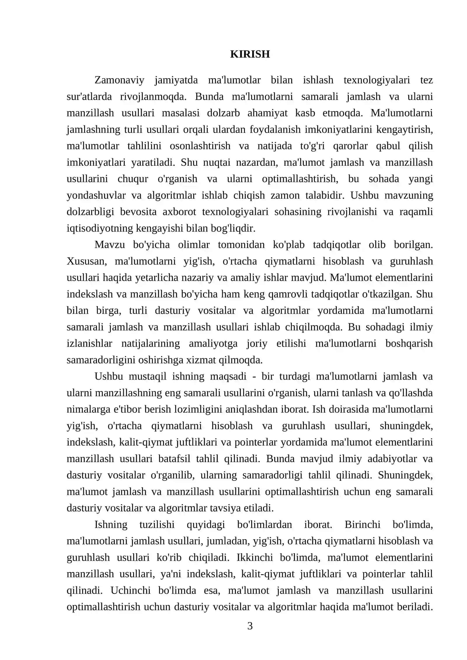 Bir turdagi ma'lumotlarni jamlash usullari va ma'lumot elementlarini manzillash usullari 3