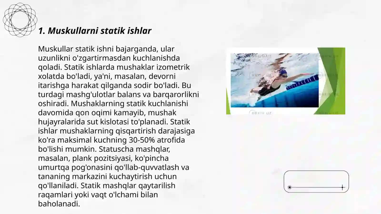Muskullarni statik va dinamik xolatlarda bajaradigan ish turlari 3