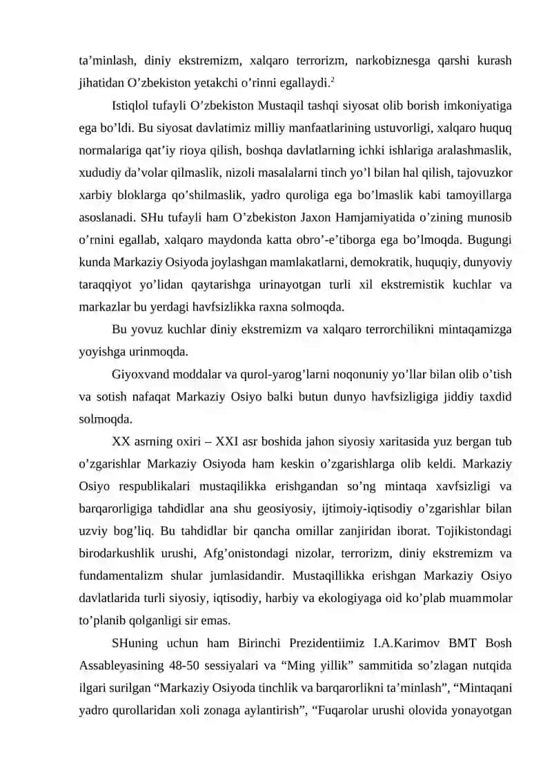 O'zbekistonning markaziy osiyoda tinchlik va barqarorlikni ta'minlashdagi MUSTAQIL ISH 3
